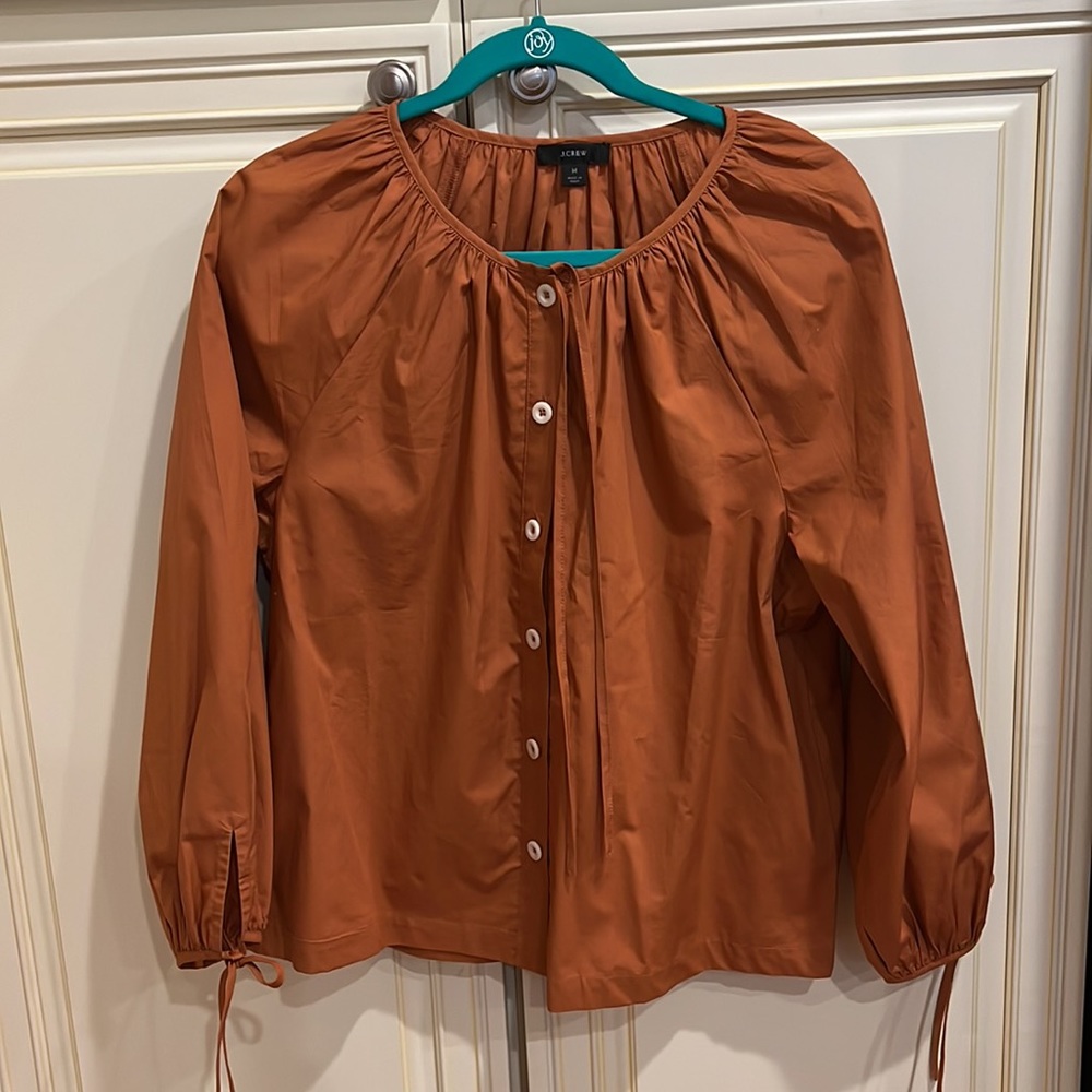 J Crew Tie-sleeve button-front cotton poplin top